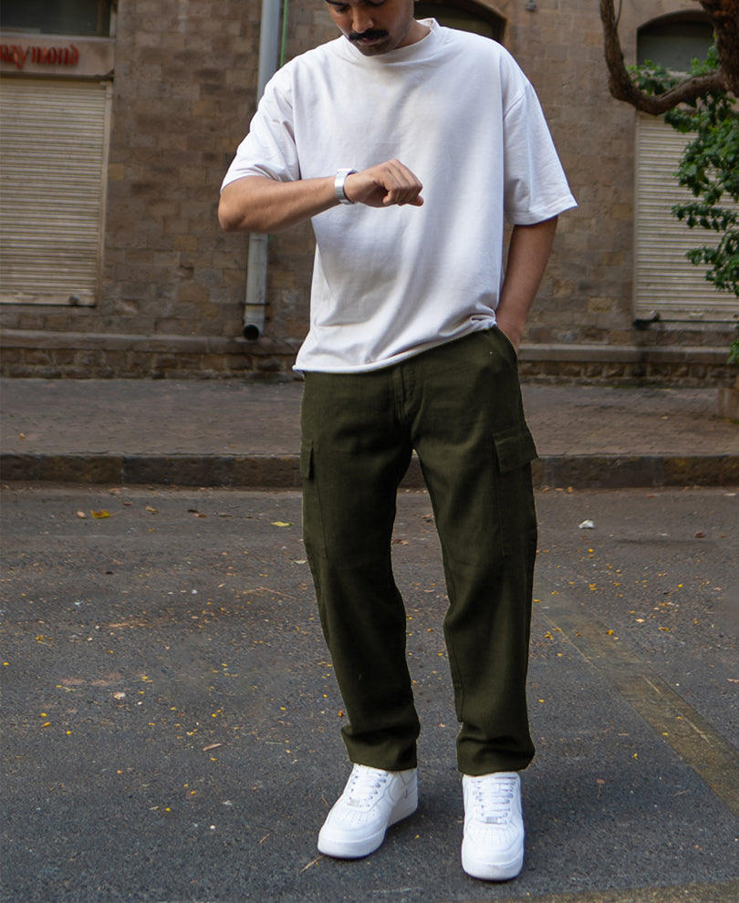 Olive Structured Cotton Trouser