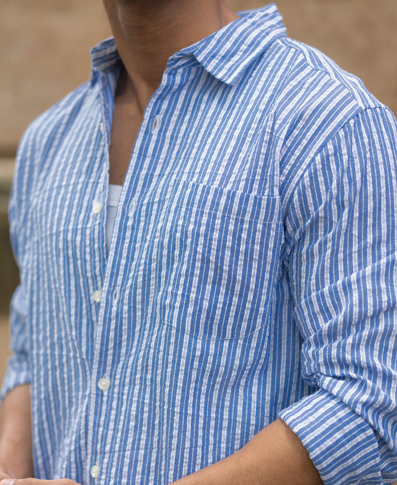 Blue Seersucker Striped Shirt