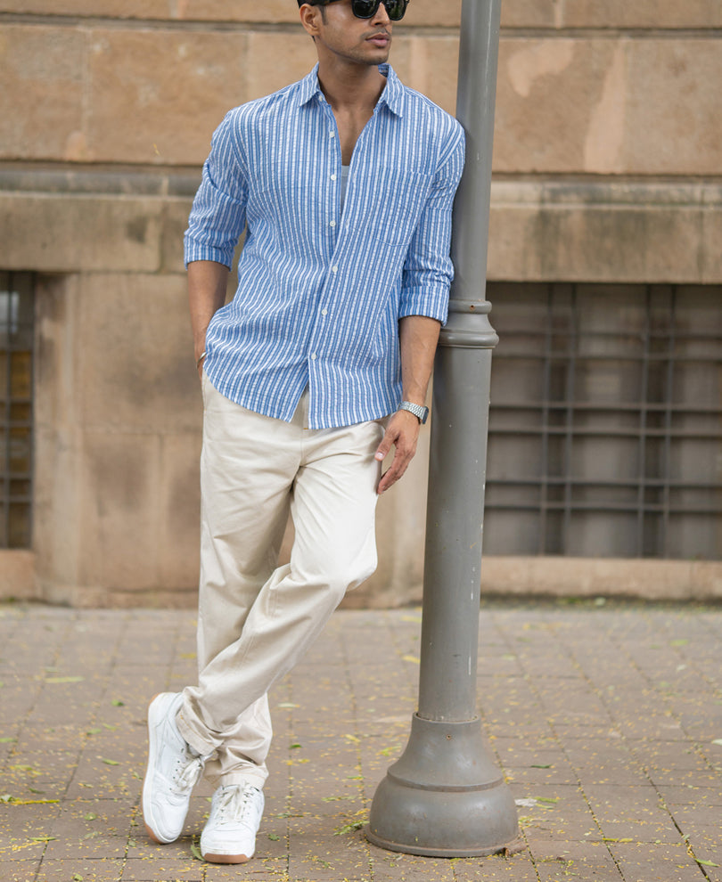 Blue Seersucker Striped Shirt