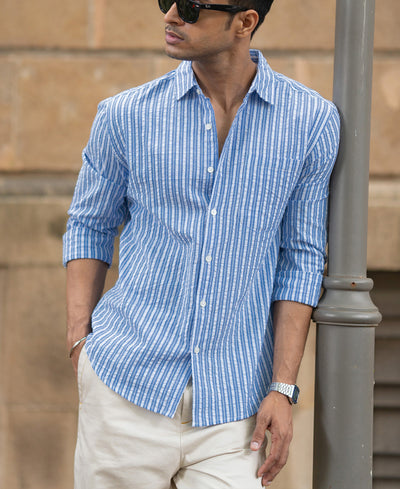 Blue Seersucker Striped Shirt