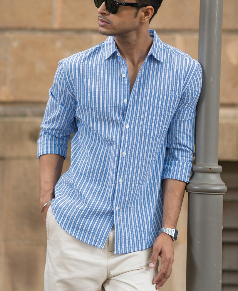 Blue Seersucker Striped Shirt