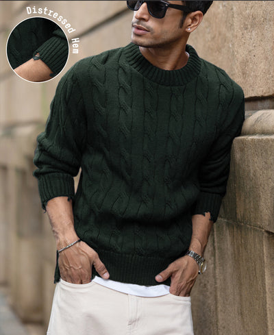 Pine Distressed Cable Knit Sweater
