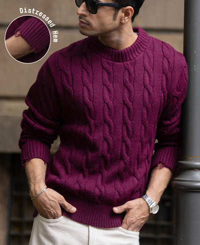 Wine Distressed Cable Knit Sweater