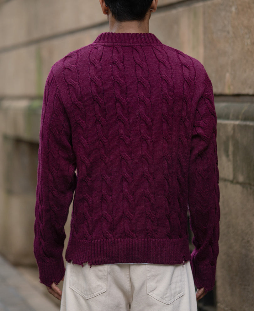 Wine Distressed Cable Knit Sweater