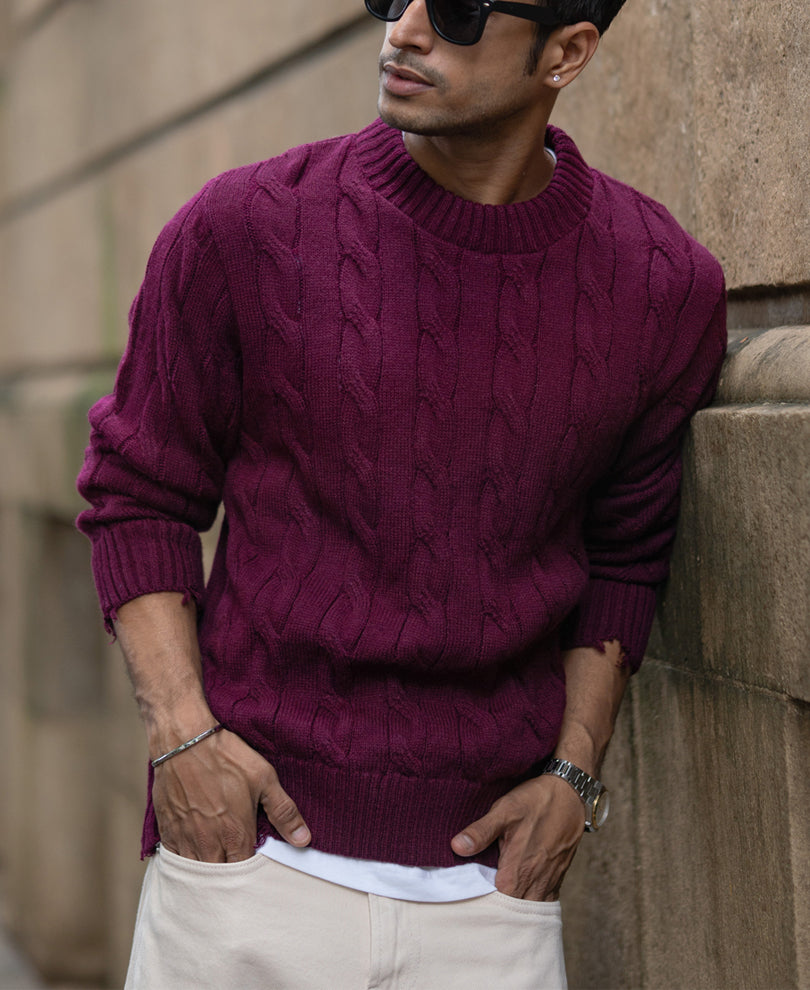 Wine Distressed Cable Knit Sweater