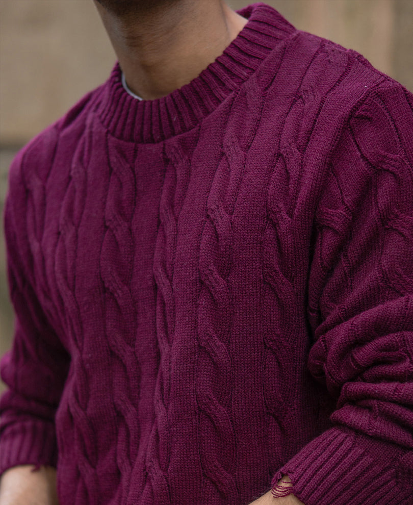 Wine Distressed Cable Knit Sweater