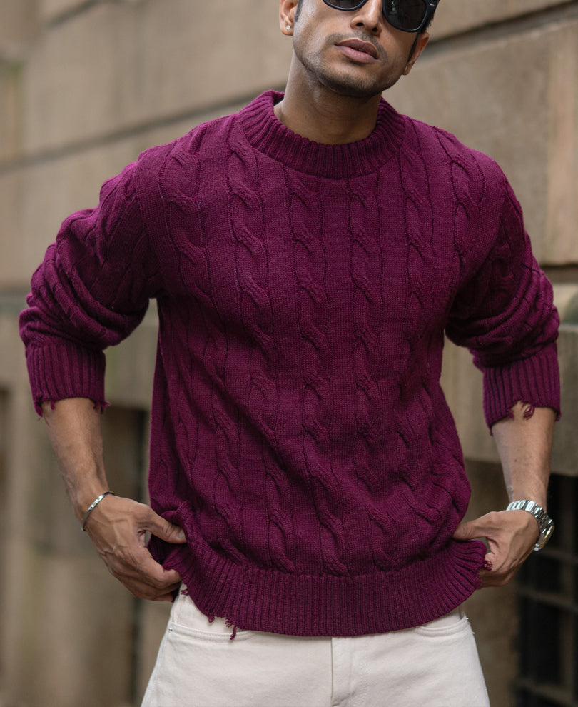 Wine Distressed Cable Knit Sweater