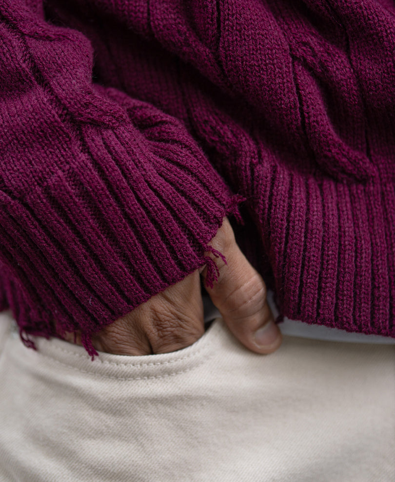 Wine Distressed Cable Knit Sweater