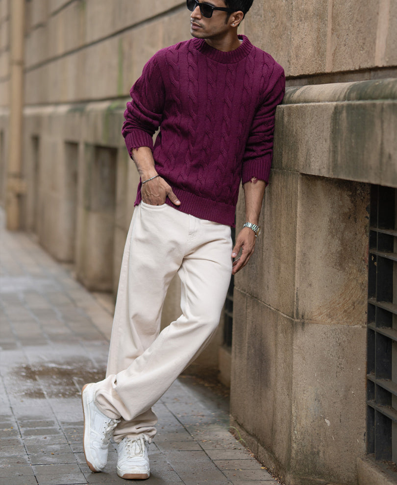 Wine Distressed Cable Knit Sweater