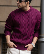 Wine Distressed Cable Knit Sweater