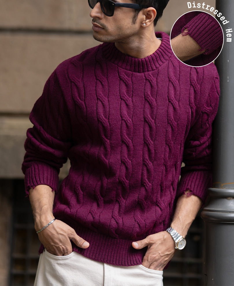 Wine Distressed Cable Knit T-Shirt.