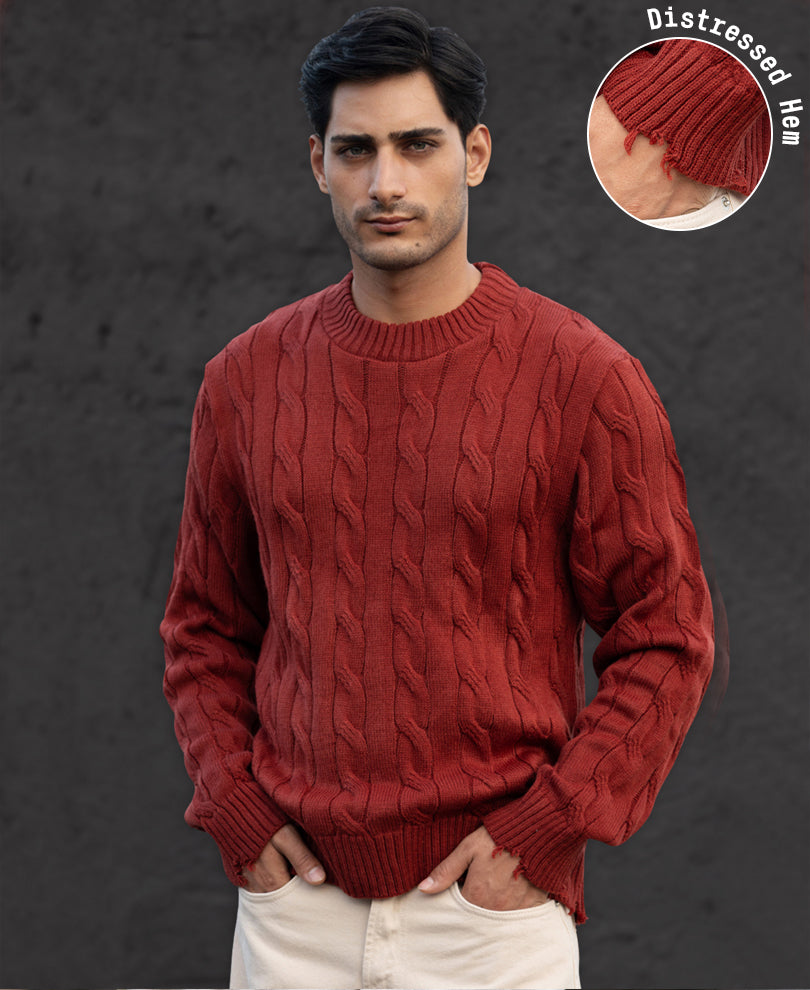 Ochre Distressed Cable Knit T-Shirt.