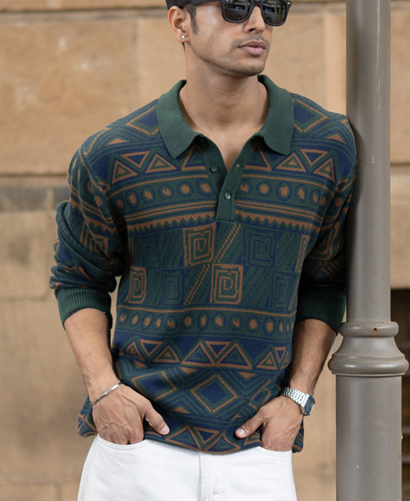 Multicolour Geometric Jacquard Knit T-Shirt