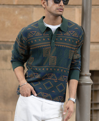 Multicolour Geometric Jacquard Knit T-Shirt