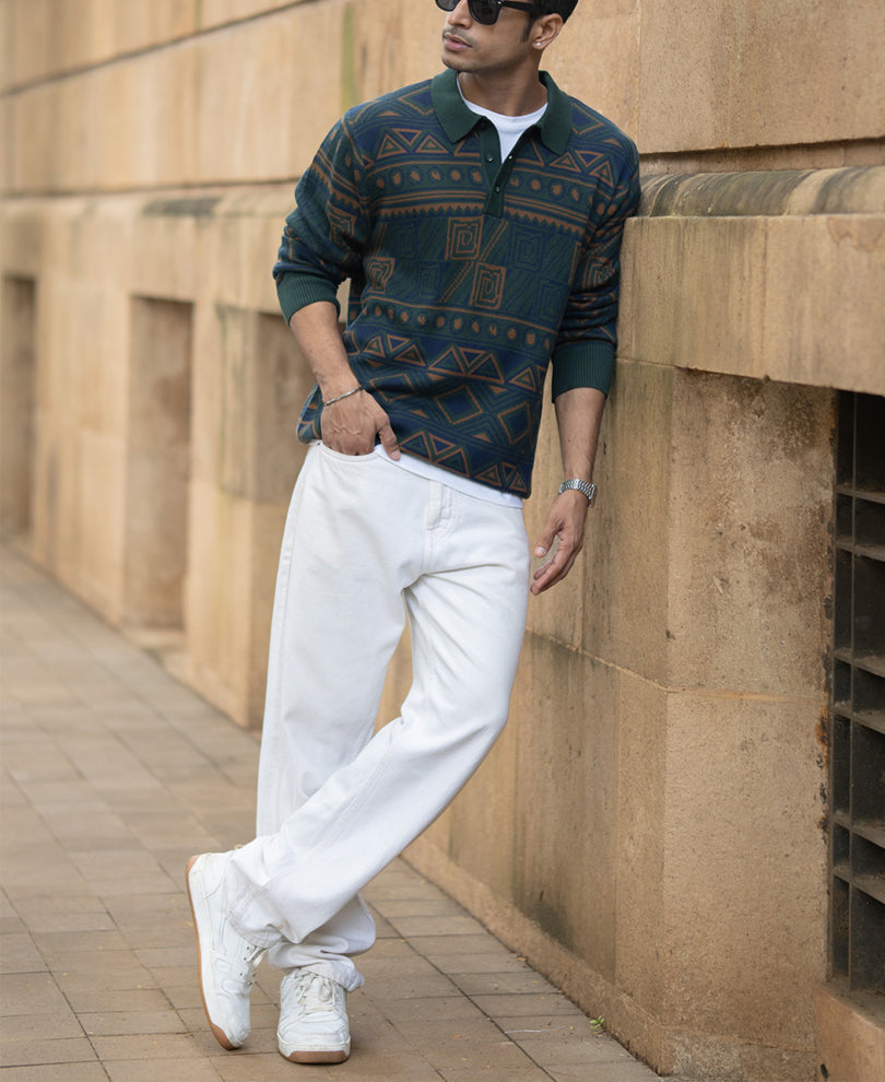 Multicolour Geometric Jacquard Knit T-Shirt