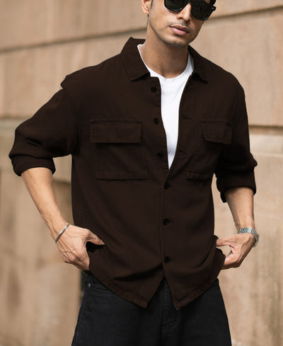 Dark Brown Double Pockets Denim Overshirt