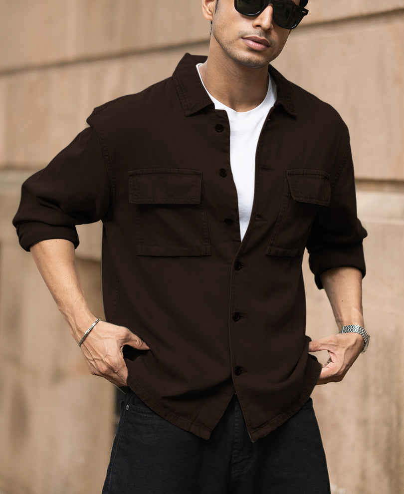Dark Brown Double Pockets Denim Overshirt