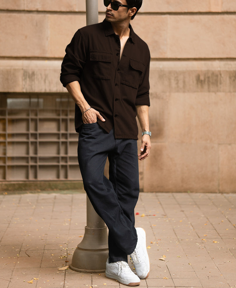 Dark Brown Double Pockets Denim Overshirt