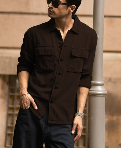 Dark Brown Double Pockets Denim Overshirt
