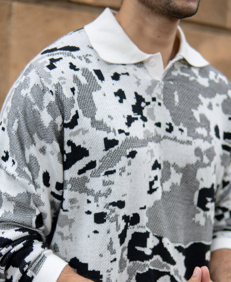 Grey Jacquard Knit T-Shirt 100% Cotton