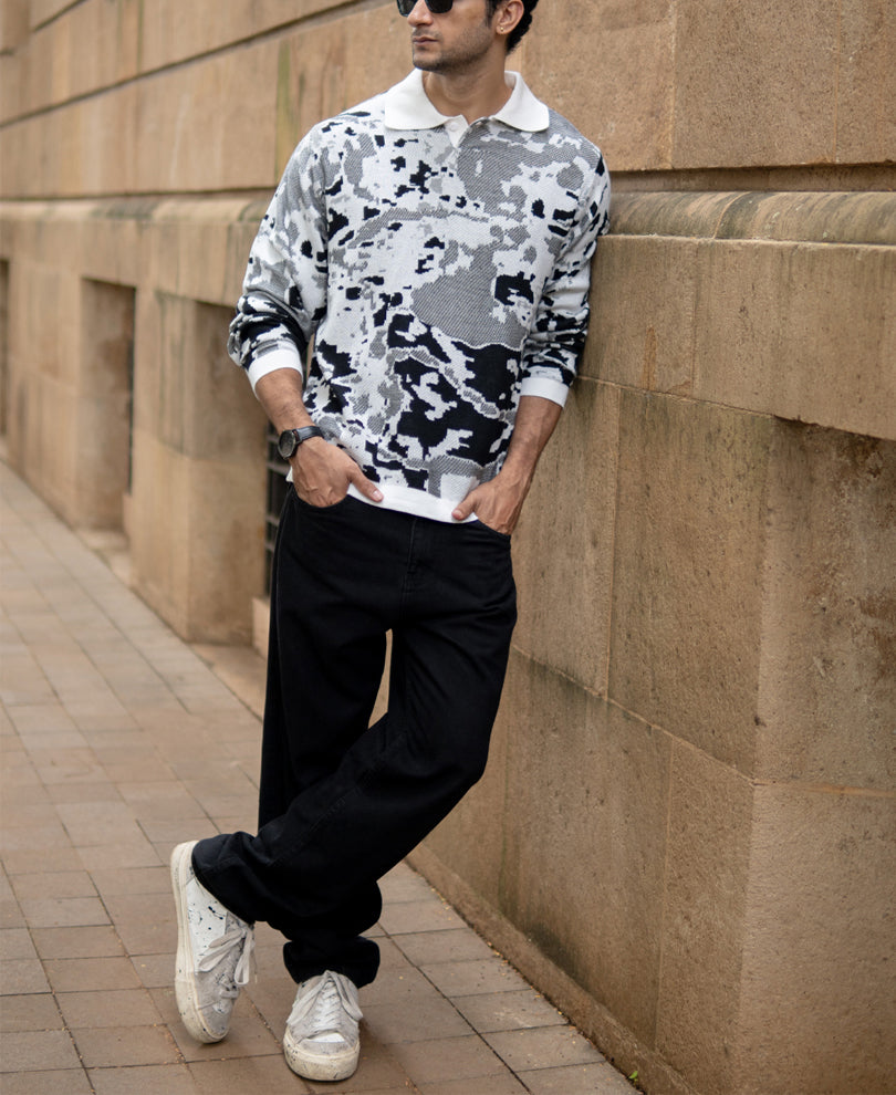 Grey Jacquard Knit T-Shirt 100% Cotton