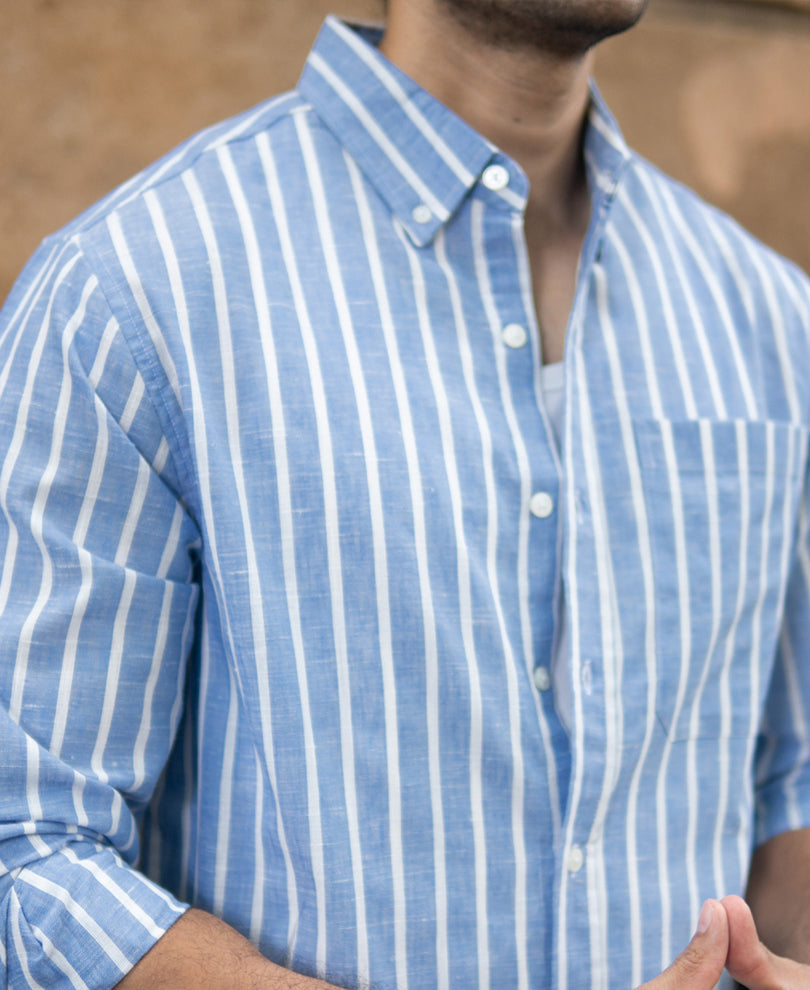 Blue Slub Stripe Buttondown Shirt.