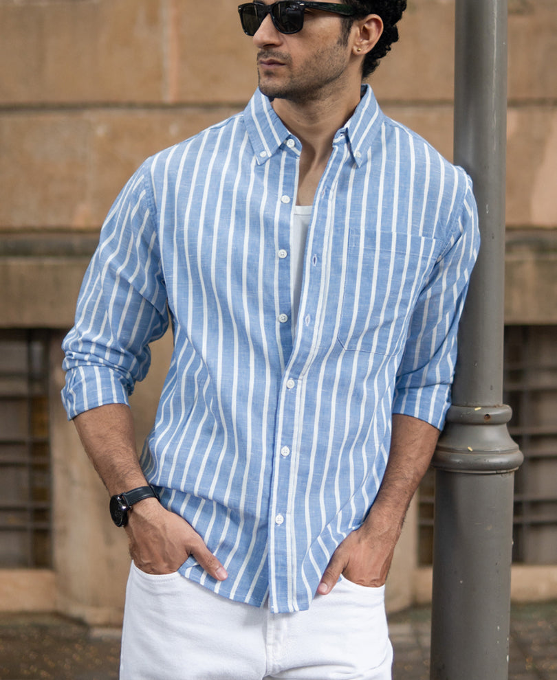 Blue Slub Stripe Buttondown Shirt.