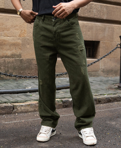 Olive Distress Baggy Jeans 100% Cotton
