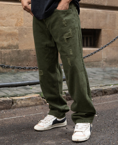 Olive Distress Baggy Jeans 100% Cotton