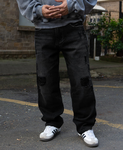 Black Distress Baggy Jeans 100% Cotton