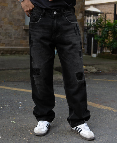 Black Distress Baggy Jeans 100% Cotton