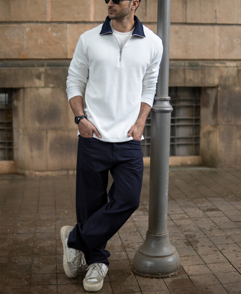 Off White Contrast Collar Zipper T-Shirt