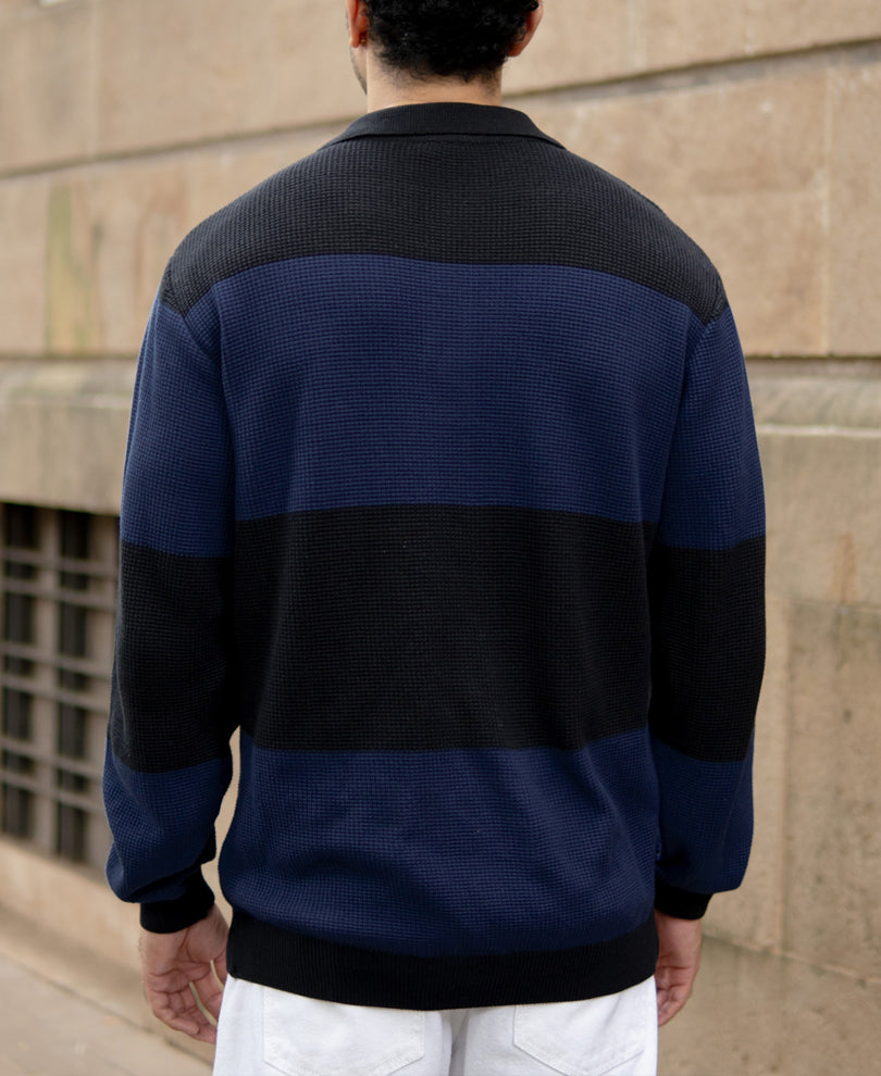 Blue Structured Knit Striped T-Shirt