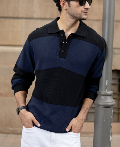 Blue Structured Knit Striped T-Shirt