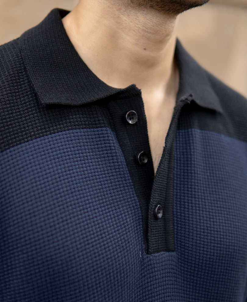 Blue Structured Knit Striped T-Shirt