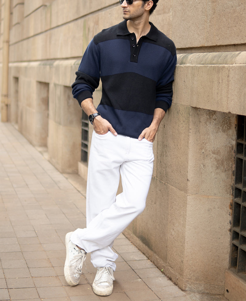 Blue Structured Knit Striped T-Shirt