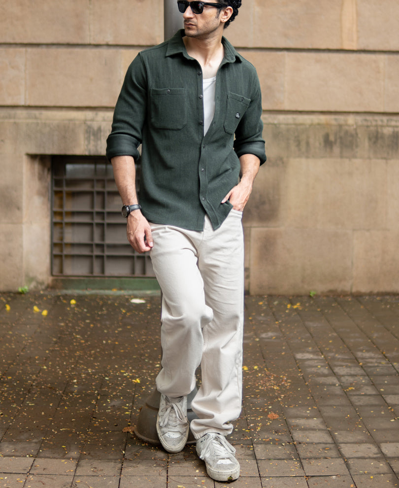 Dark Olive Knit Shirt With Pockets