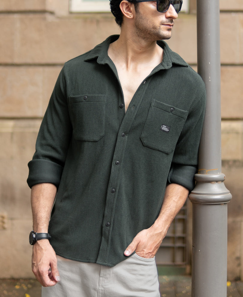 Dark Olive Knit Shirt With Pockets