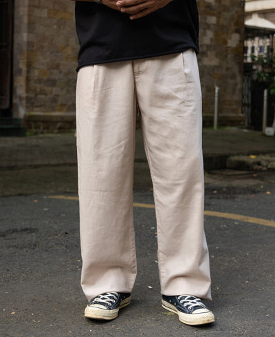 Beige Contrast Belt Linen Trouser