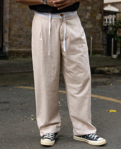 Beige Contrast Belt Linen Trouser