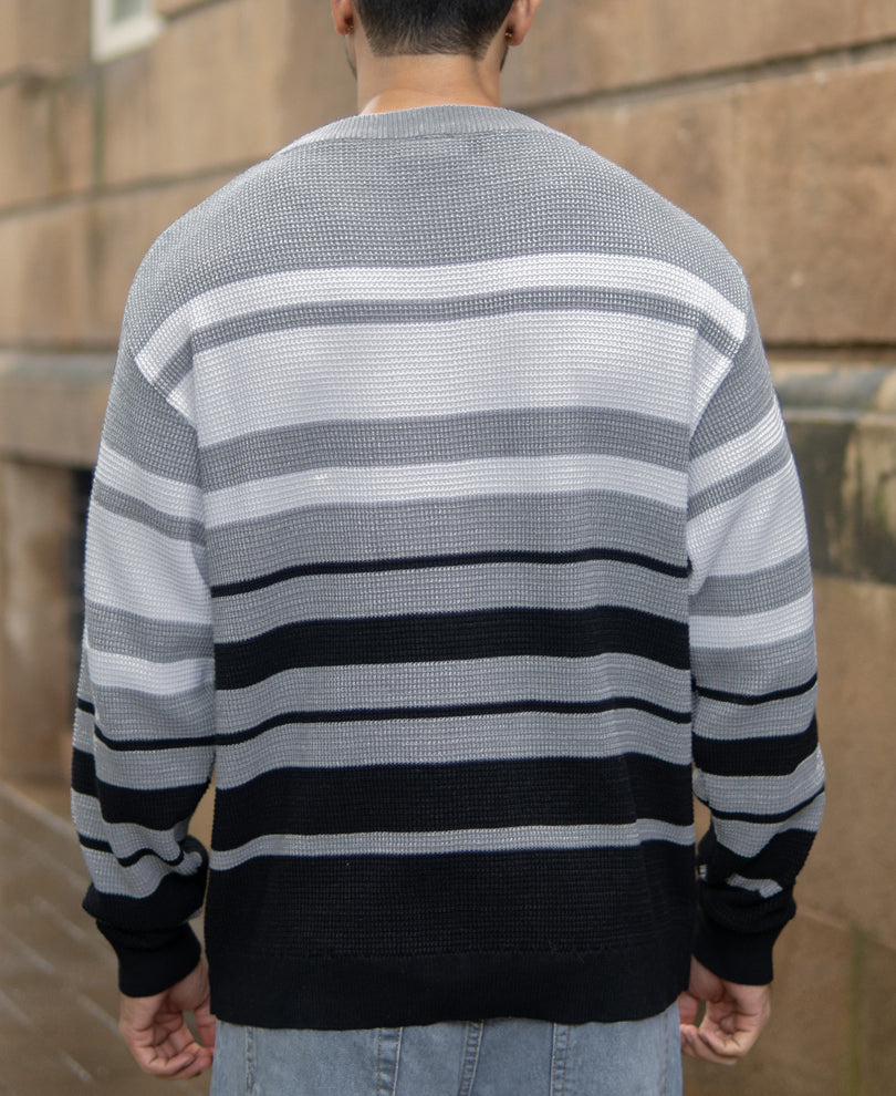 Grey And Black Structured Striped T-Shirt