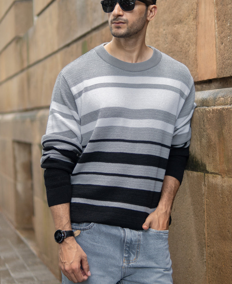 Grey And Black Structured Striped T-Shirt