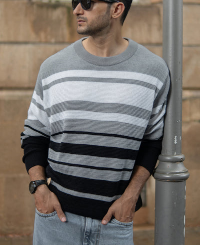 Grey And Black Structured Striped T-Shirt