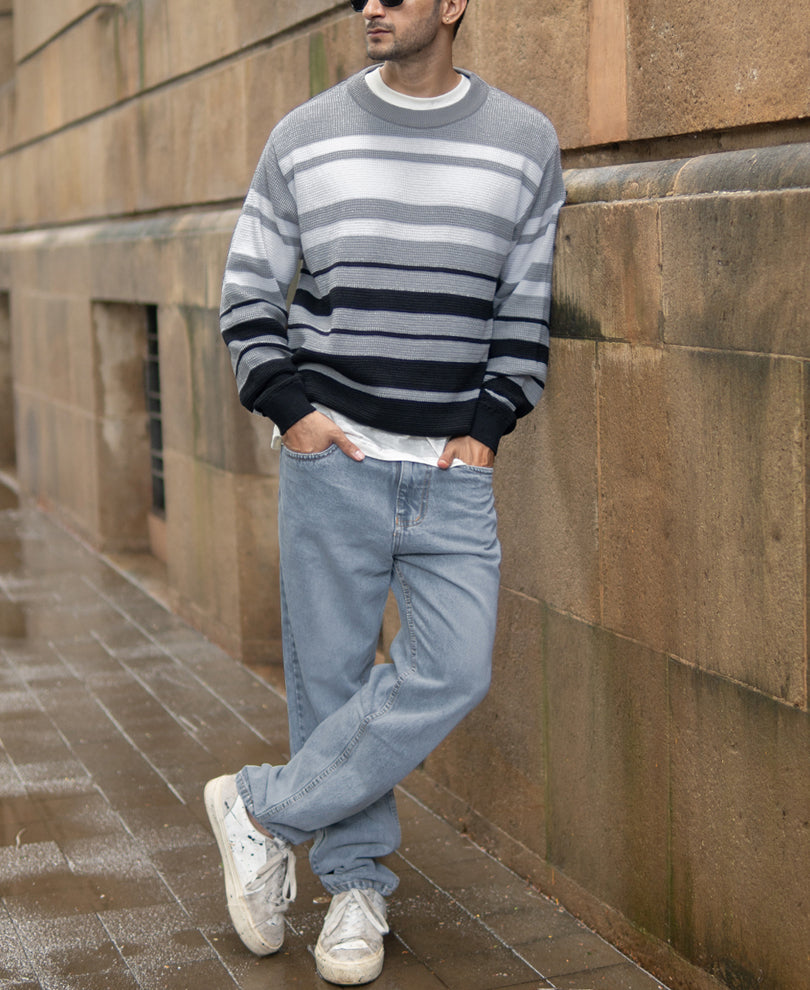 Grey And Black Structured Striped T-Shirt