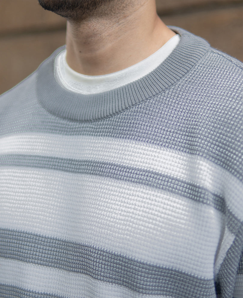 Grey And Black Structured Striped T-Shirt