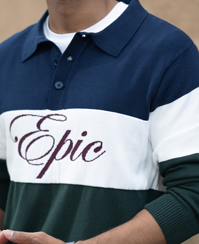 Navy And Green Panelled Polo T-Shirt