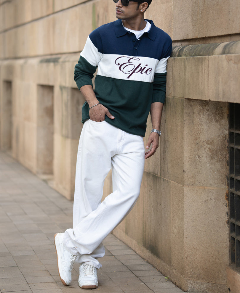 Navy And Green Panelled Polo T-Shirt