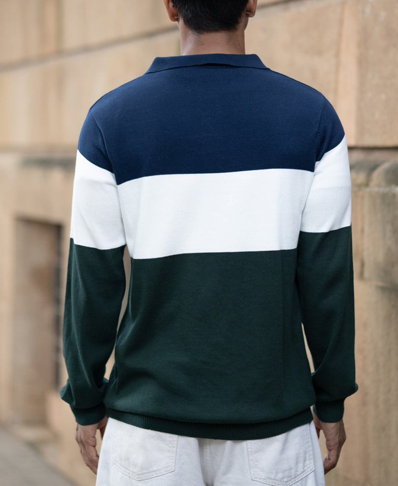 Navy And Green Panelled Polo T-Shirt