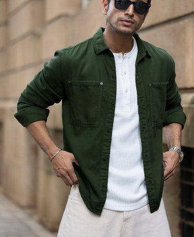 Pine Green Textured Cotton Overshirt