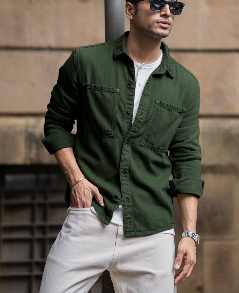 Pine Green Textured Cotton Overshirt